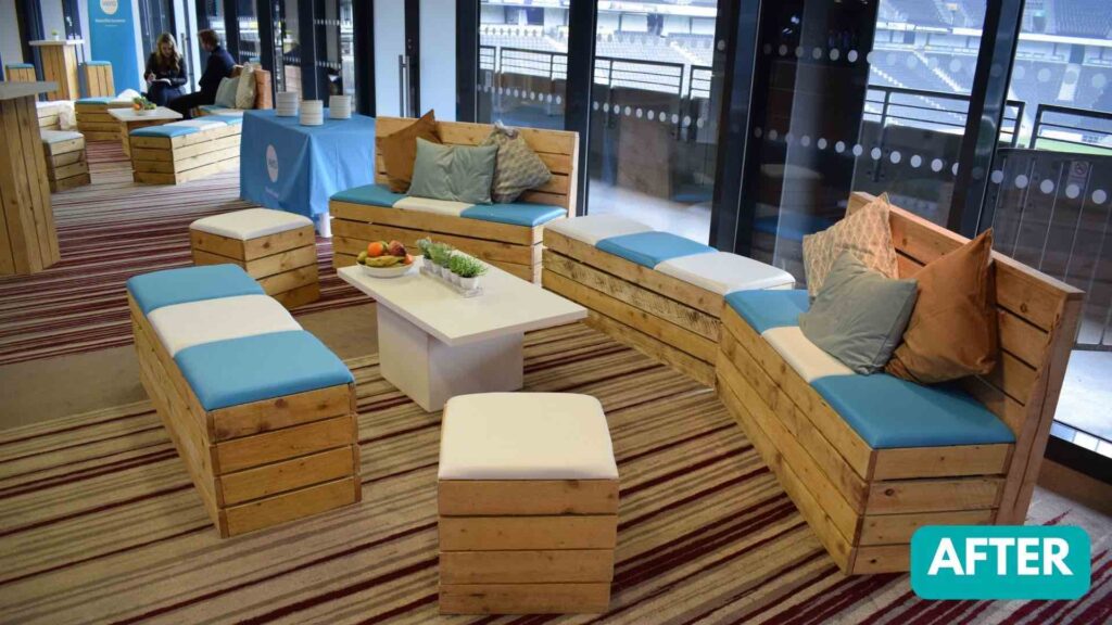 Pallet furniture set up created from bespoke pallets for a Xero conference. Sustainable and comfortable.