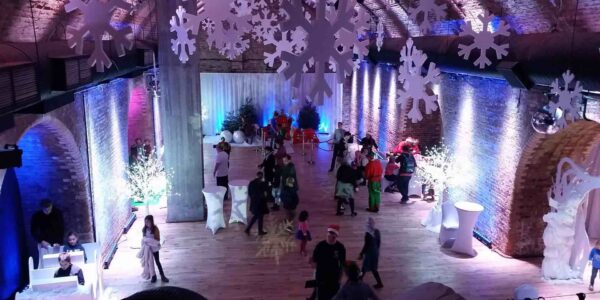 We transformed this warehouse into a Christmas spectacle for this corporate party.