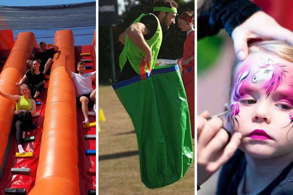 Corporate fun day activities including obstacle course, sack race and face painting.