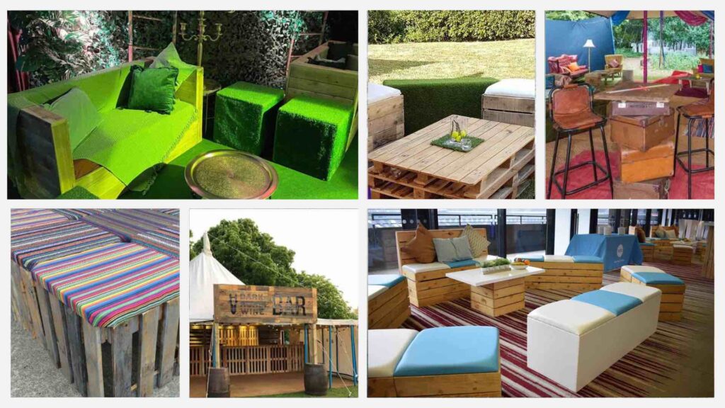Creative event furniture including pallet seating, stools, bespoke colours and bar designs.