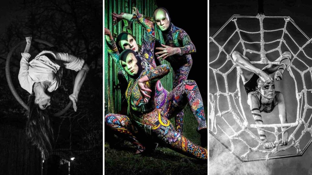 Halloween entertainment ideas including contortionists for events. Including  spider, samara from the ring and harlequin contortionists.