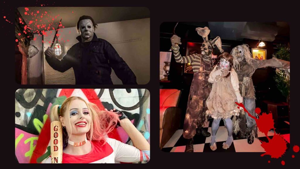 Halloween movie character entertainment ideas for events such as Harley Quinn and Children of the corn.