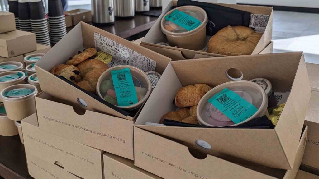 Sustainable bamboo boxes with food inside by local Milton Keynes caterers.