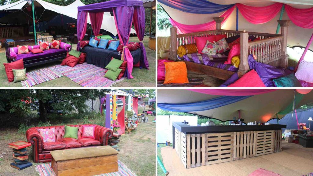 Themed event furniture in warm vibrant colours and soft materials at a festival corporate event.