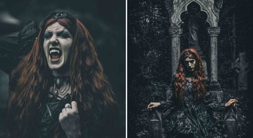 Vampire halloween act with red hair and fangs in a black dress for halloween event hire. 