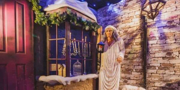 Scrooge life-size prop and Victorian Christmas theme grotto props.