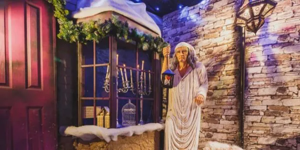 Scrooge life-size prop and Victorian Christmas theme grotto props.