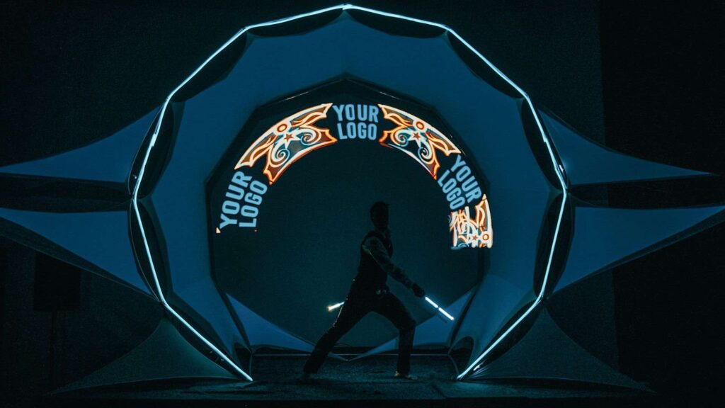 Performer of solo video mapping show, showing areas of performance where your branding can be placed.