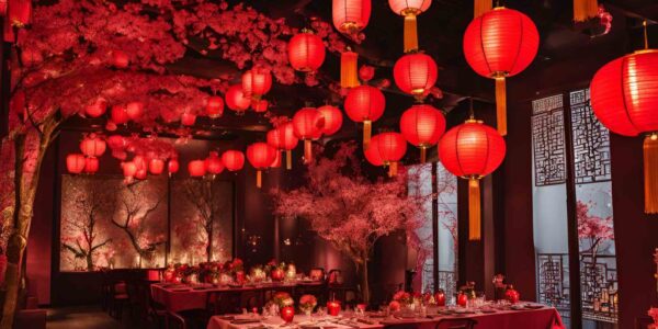 Unique red lanterns hang over a dinner party set up for an authentic Chinese themed party.