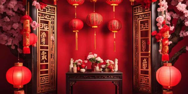 Stunning authentic Chinese New Year decorations creating a bespoke backdrop concept for celebrating parties..