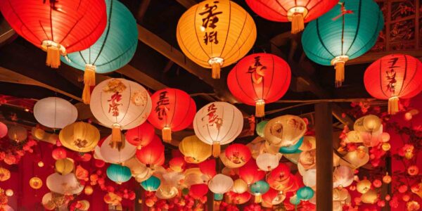 Lanterns hanging from ceiling for Chinese themed event.