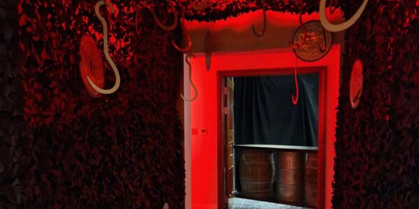 Entryway to butchers slaughterhouse with hanging hooks and blood red lighting.