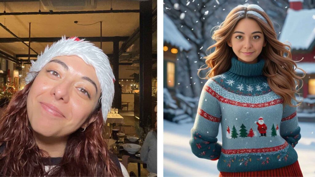 Face swap booth comparison showing event guest (left) and AI generated image (right).