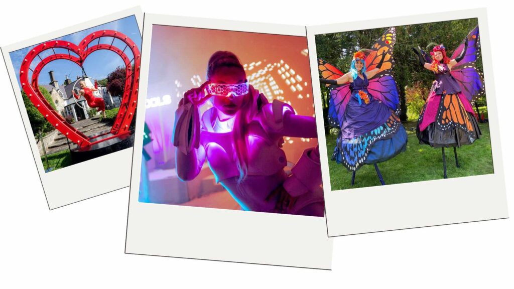 Festival entertainment acts led dancers, heart aerialist and butterfly stilt walker provided for Magna Carta Island Event.