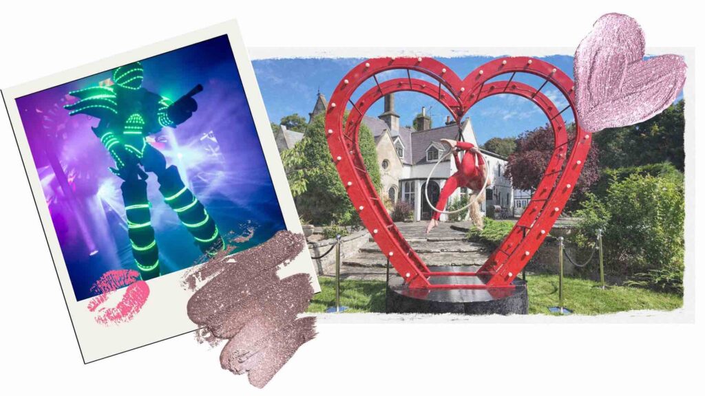 Led dance robot and heart aerial act in fun festival theming for events.