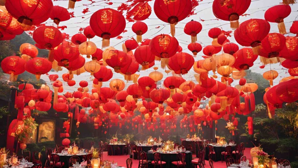 Transformative Chinese New Year theming and props for new year and cultural events. Including handing red lantern ai concept as seen here.