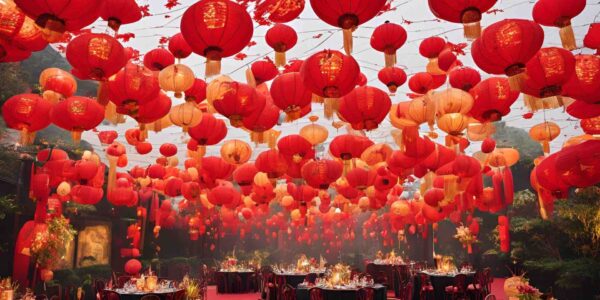 Transformative Chinese New Year theming and props for new year and cultural events.