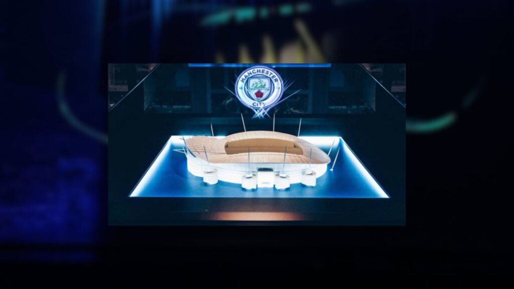 Holographic technology used in brand activation event showing Etihad Stadium and Manchester City logo.
