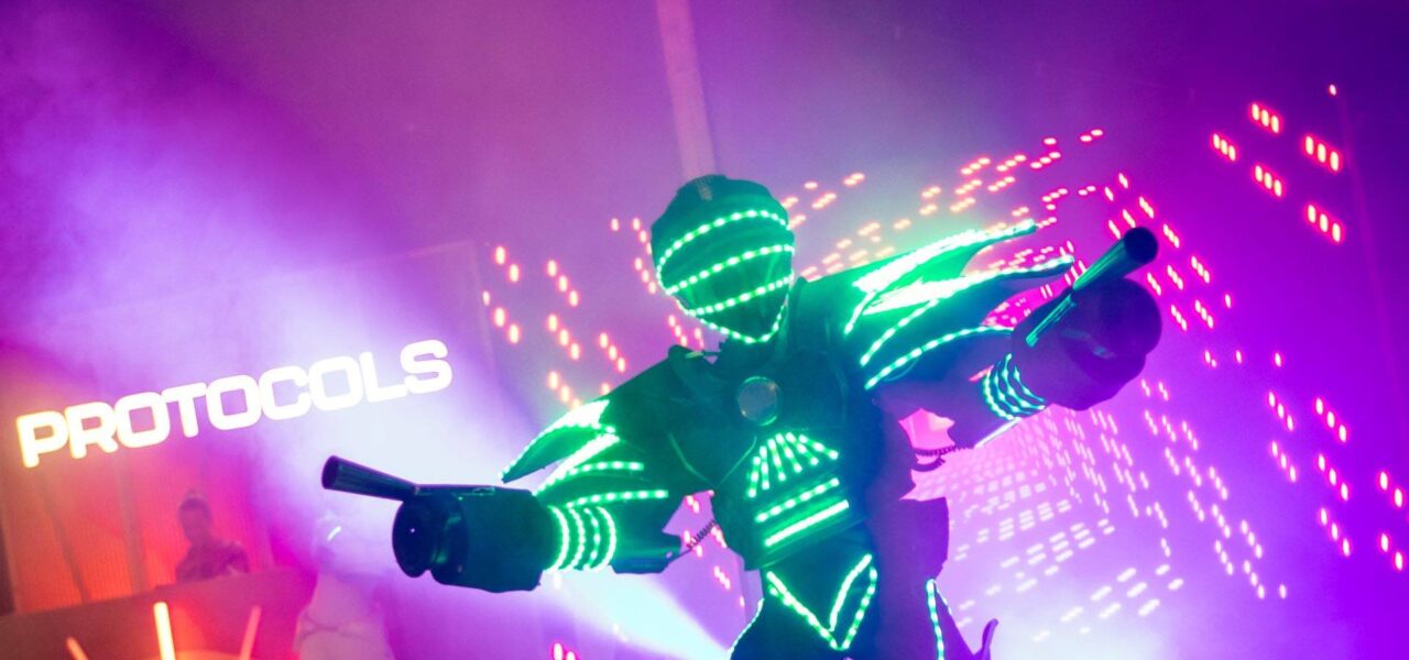 Hire LED dance show robot for corporate and festival events in the UK and internationally.