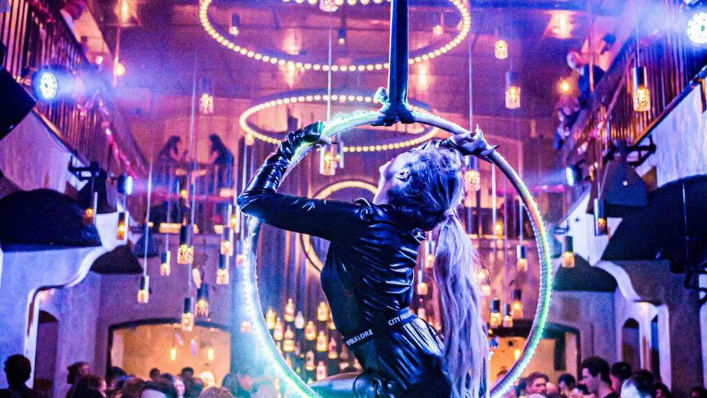 Led Hoop Aerial Performer rainbow hoop close up
