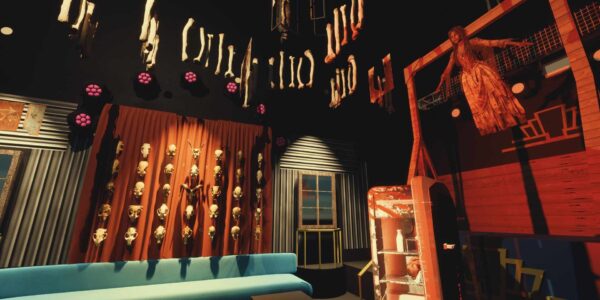 Bespoke design render for Chainsaw Massacre Event featuring hanging bones and prop wall.
