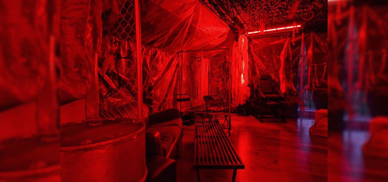 Torture chair used for butchers slaughterhouse theme.