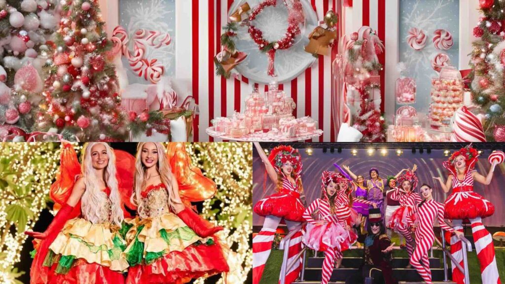 Collage of Candyland Christmas themed parties including set designs and entertainment.