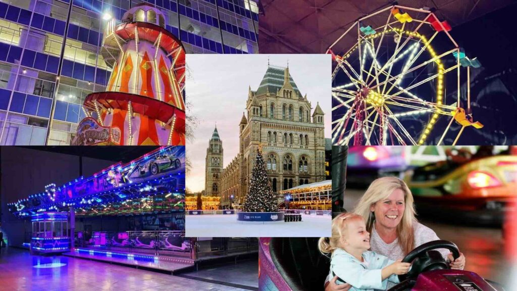 Collage of Christmas attractions including an ice rink, ferris wheel, dodgems and more.