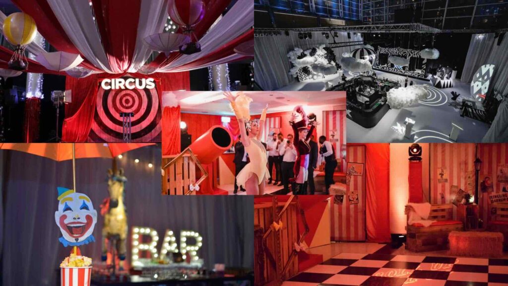 Collage of Circus themed Christmas events.