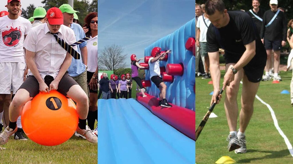 Collage of corporate sports days with guests taking part in competitive games.