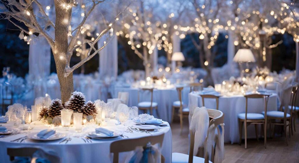 Popular Christmas party ideas enchanted garden gala dinner with pine cones and frost for christmas theming.