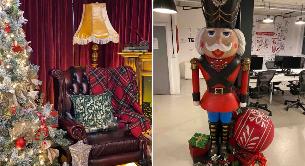 Mastercard office Christmas decorations makeover by Julia Charles including grotto and nutcracker.