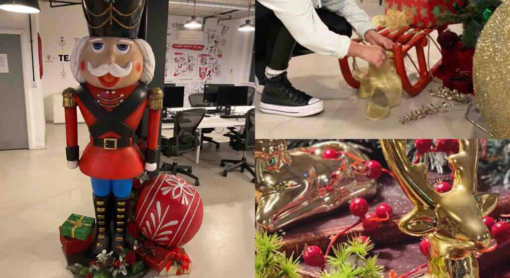 Mastercard christmas decor including nutcracker, christmas trees and more.