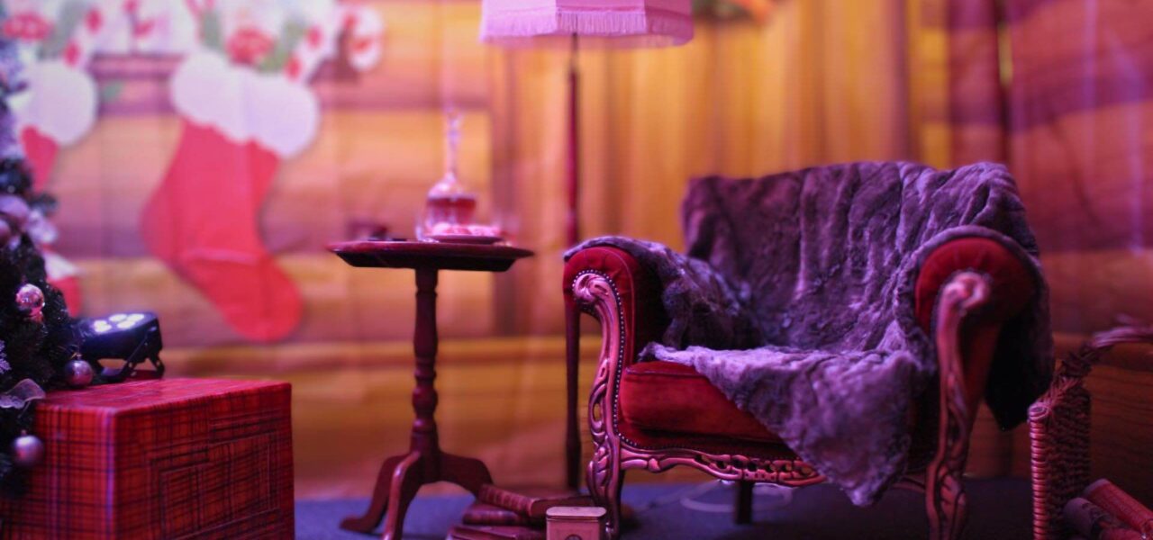 Santas chair and backdrop for facade grotto set up.