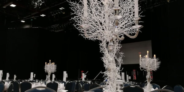 White Candleabra table centrepiece available for Winter Wonderland Themed Events.