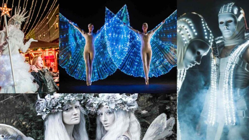 Collage of winter wonderland themed entertainment, including stilt walkers and LED dancers.