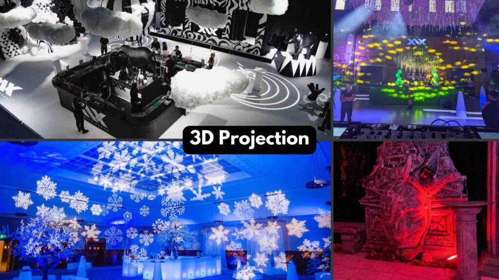 3D projection used for creative event staging at different events by Julia Charles such as dream circus, winter wonderland and cult horror.
