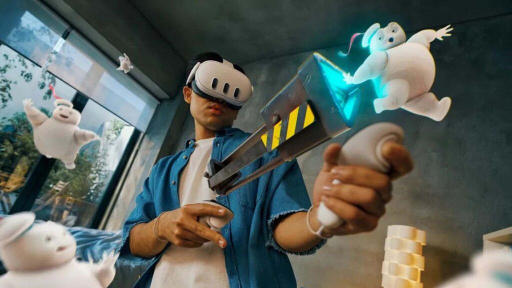 A VR and AR gaming experience with headset on model
