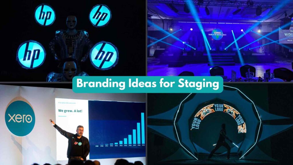 Branding idea for stages including entertainers with logo holographics, xero stage with their logo, around the world event with branding in the signage and bespoke logo entertainment.
