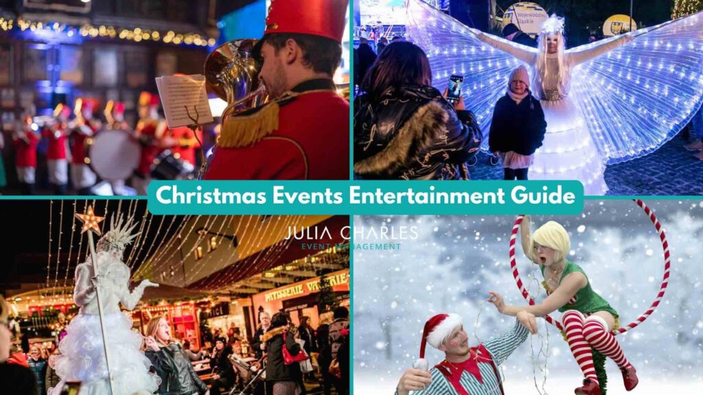 Collage of Christmas performers and entertainment for events. We discuss our top entertainment picks for Christmas 2026.