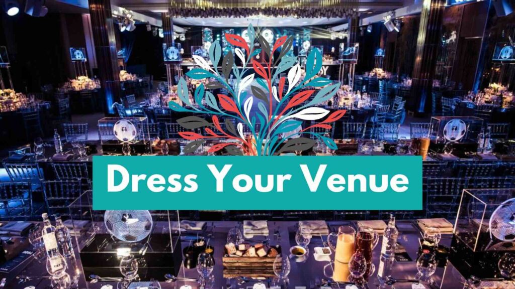 Transformed event space in a modern Football theme for a gala dinner event.