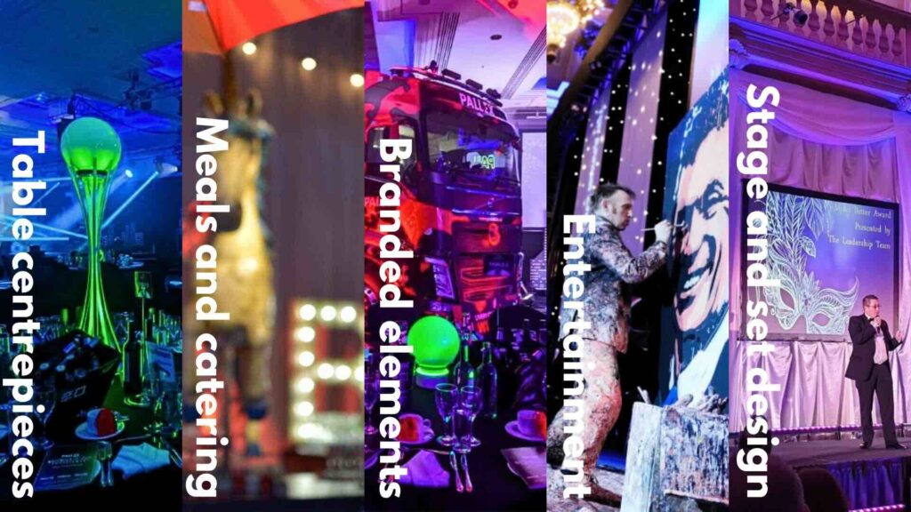 Collage image of elements to include in your gala dinner including stage and set design, entertainment, branded elements, catering and table centrepieces.