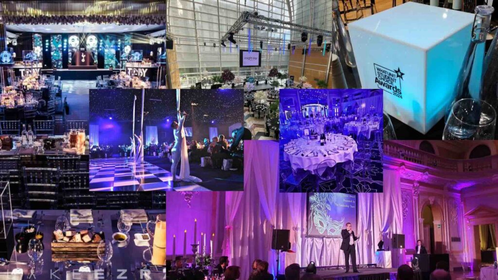 Collage image of gala dinner event spaces.