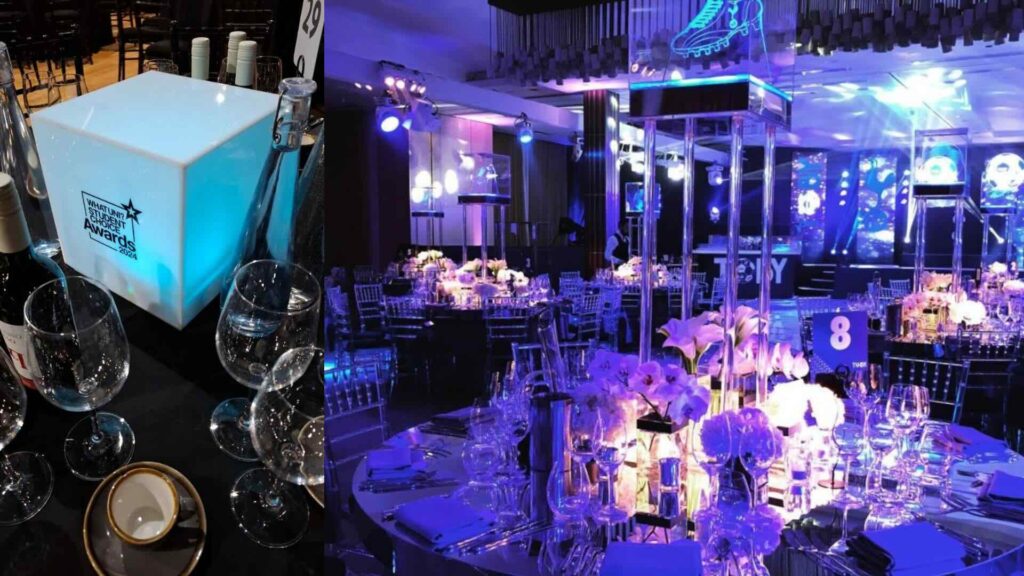 Branded table centrepieces at gala diner events.