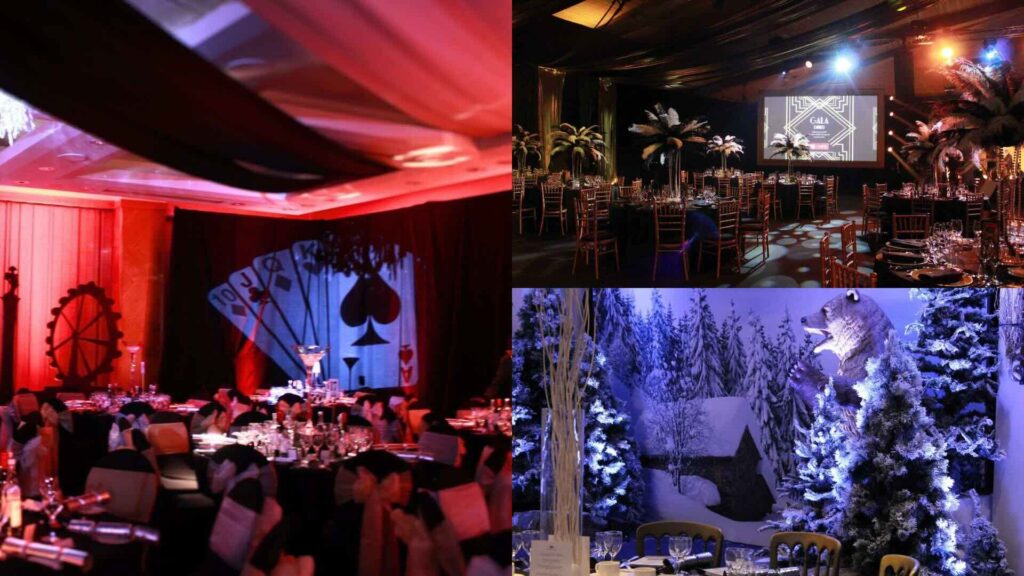 Casino, 1920s and winter wonderland themed gala dinner event spaces.