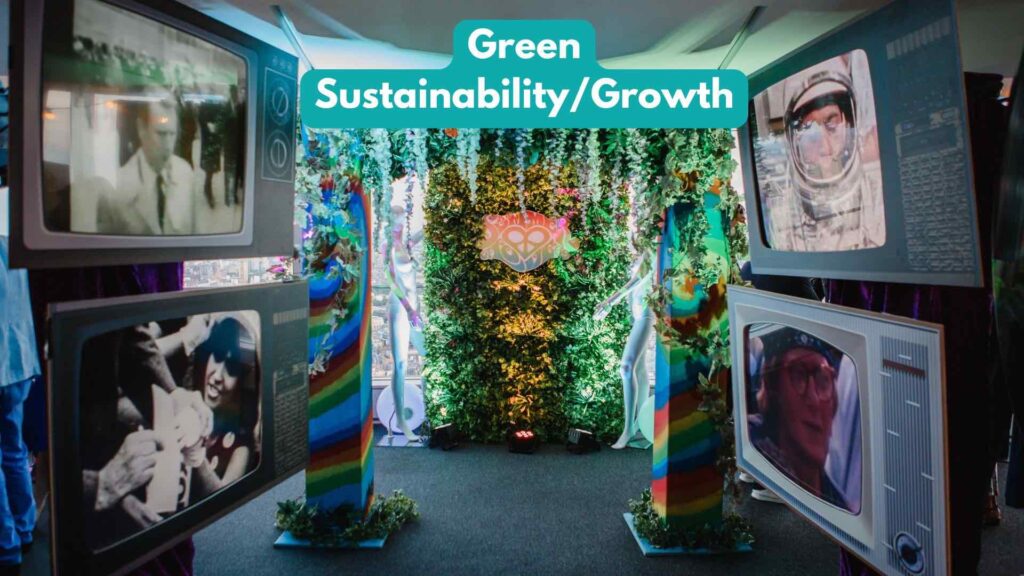 Creative event staging with green colouring to represent organic, sustainability and growth.