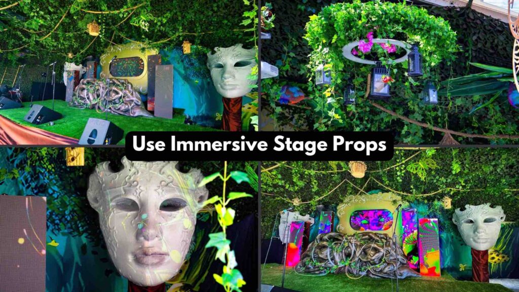Use immersive stage props for creative event staging as seen here with this Enchanted Garden event stage design.