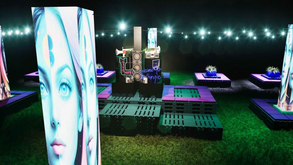 Interactive festival stage design with 3d projection and pallet seating created by Michael Charles.