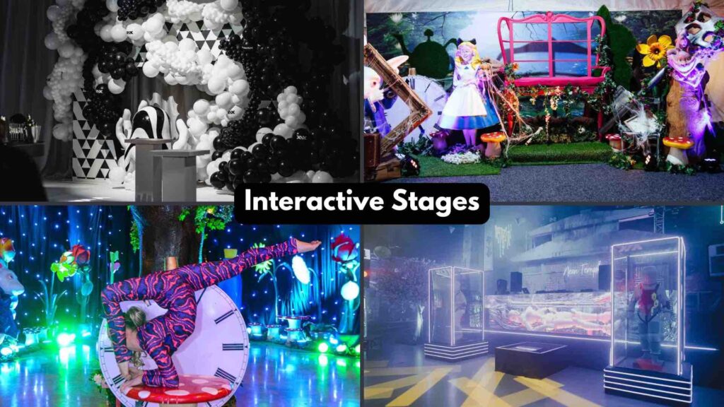 Interactive stage examples including bespoke custom stage sets with balloons, themes and entertainers.