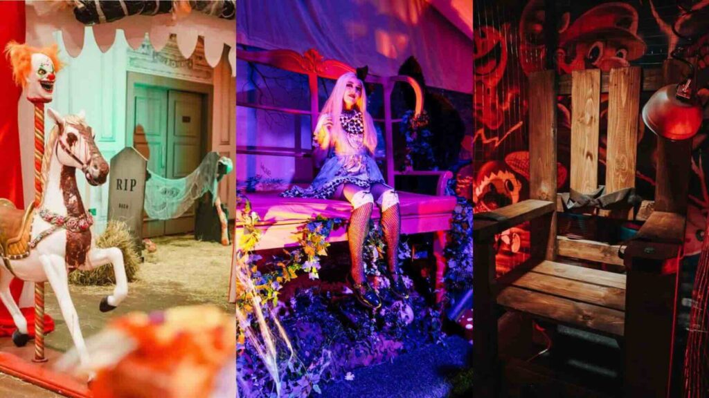 Collage of Halloween event decor and performers perfect for Seasonal brand activations